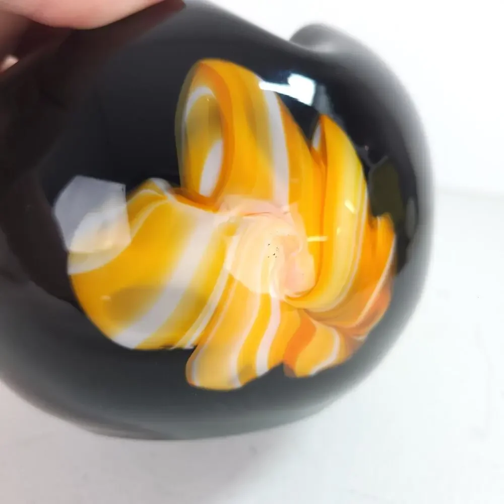 Handblown Studio Art Glass Black Amethyst Yellow Orange Amoeba Dish Bowl 5.5